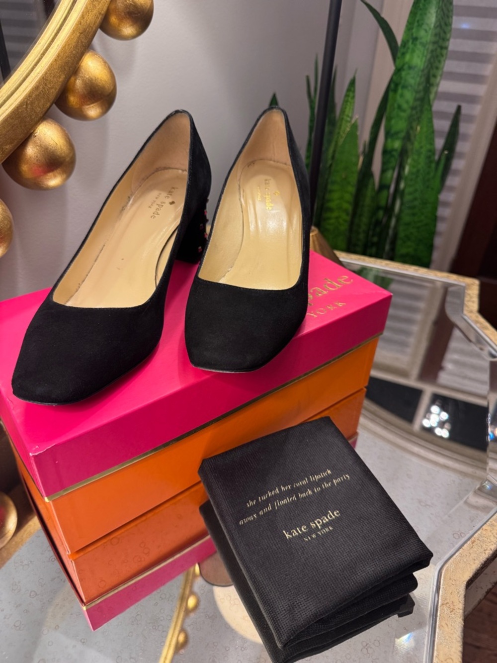 Kate Spade Black Suede Gold Studded Heels Pumps - Size 9 - Picture 10 of 13